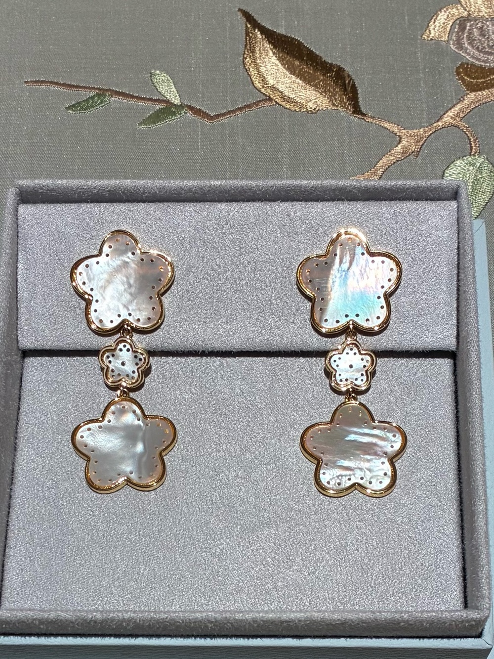 New ASHA Mother-of-Pearl in 14k Gold Dipped Frames Azalea Triple Drop Earrings